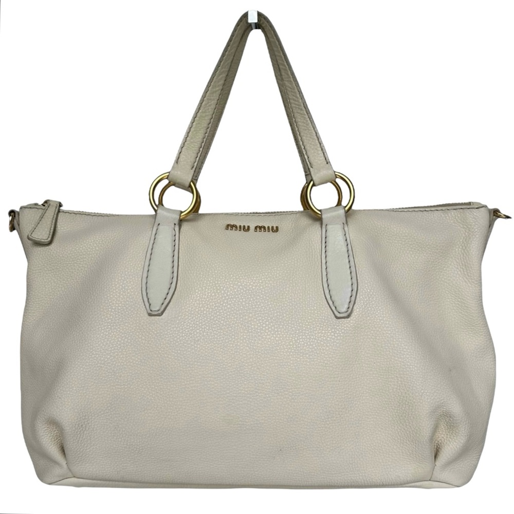 Miu Miu Pebbled Leather Crossbody Shoulder Hand Bag Satchel East West Off White - Picture 4 of 17